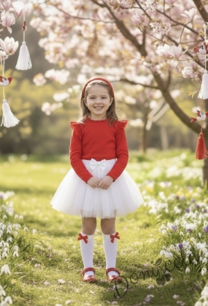 Детска туту пола с богат тюл в бяло с панделка отпред 