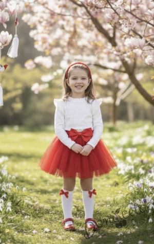 Комплект от 2 части-детска туту пола пачка в червено и блузка с дълъг ръкав в червено с къдрички на рамената и бието