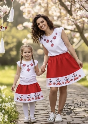 Детски или дамски етно комплект от пола и блузка с  фолклорни с мотиви