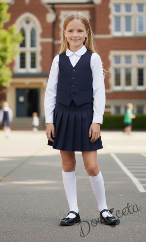 Комплект от 3 части пола плисе до коляното в тъмносиньо, бяла изчистена риза и елече в тъмносиньо, подходящ и за ученическа униформа