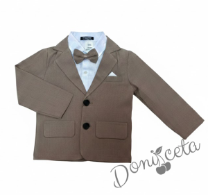 Летен комплект за момче от 4 части Тери - сако, панталон, риза и пипийонка в бежово 