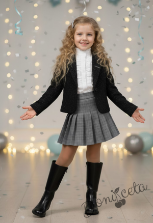 Комплект от 3 части пола плисе в сиво, черно сако на ситни точици и риза в бяло с  дълъг ръкав и къдрички с висока яка