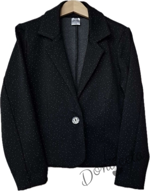 Комплект от 3 части пола плисе в сиво, черно сако на ситни точици и риза в бяло с  дълъг ръкав и къдрички с висока яка