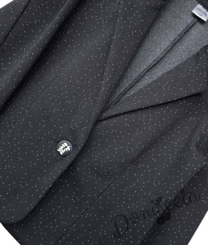 Комплект от 3 части пола плисе в сиво, черно сако на ситни точици и риза в бяло с  дълъг ръкав и къдрички с висока яка