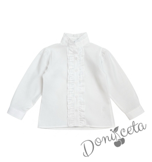 Комплект от 3 части пола плисе в сиво, черно сако на ситни точици и риза в бяло с  дълъг ръкав и къдрички с висока яка