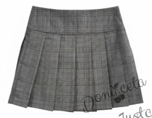 Комплект от 3 части пола плисе в сиво, черно сако на ситни точици и риза в бяло с  дълъг ръкав и къдрички с висока яка