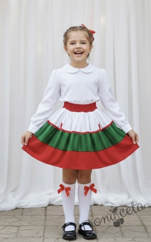 Детска пола за момиче в бяло, зелено и червено с ластик в червено