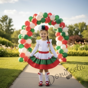 Детска пола за момиче в бяло, зелено и червено с ластик в червено