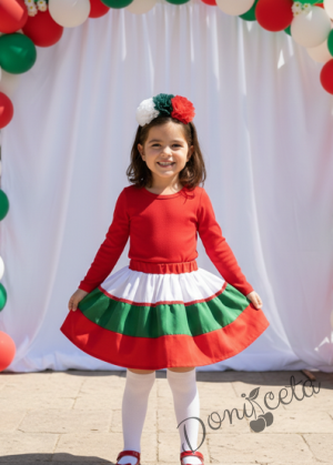 Детска пола трибагреник за момиче в бяло, зелено и червено с ластик в червено