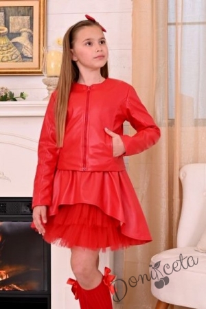 Стилна детска кожена пола за момиче в червено с тюл отпред Дивна