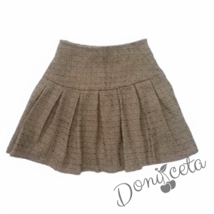 Комплект за момиче от 2 части- пола плисе в кафяво Лия и бяла блуза с дълъг ръкав и къдрички 