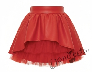 Комплект кожена пола и кожено яке в червено за момиче  Дивна от