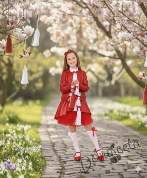 Комплект кожена пола и кожено яке в червено за момиче  Дивна от