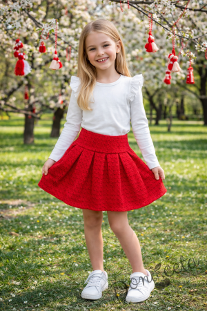 Комплект за момиче от 2 части- пола плисе в червено Лия и бяла блуза с дълъг ръкав и къдрички 