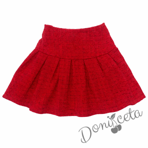 Комплект за момиче от 2 части- пола плисе в червено Лия и бяла блуза с дълъг ръкав и къдрички 