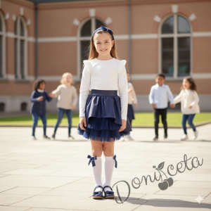 Детска кожена пола в тъмносиньо с тюл отпред за момиче Хенриета