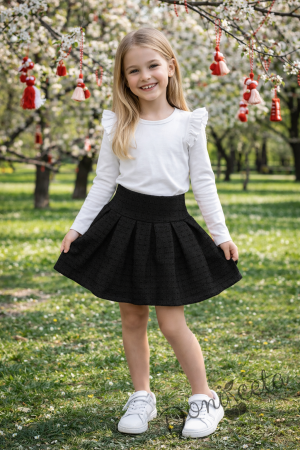 Комплект за момиче от 2 части- пола плисе в черно Лия и бяла блуза с дълъг ръкав и къдрички 