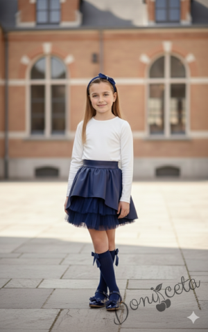 Детска кожена пола в тъмносиньо с тюл отпред за момиче Хенриета