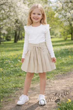 Комплект за момиче от 2 части- пола плисе в бежово с коланче на талията и бяла блуза с дълъг ръкав и къдрички 