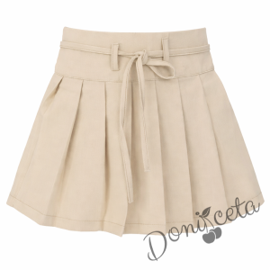 Комплект за момиче от 2 части- пола плисе в бежово с коланче на талията и бяла блуза с дълъг ръкав и къдрички 