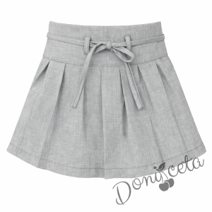 Комплект за момиче от 2 части- пола плисе в сиво с коланче на талията и бяла блуза с дълъг ръкав и къдрички 