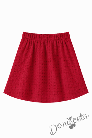 Комплект за момиче от 2 части- пола плисе в червено Лия и бяла блуза с дълъг ръкав и къдрички 