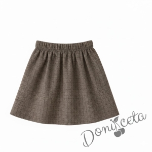 Комплект за момиче от 2 части- пола плисе в кафяво Лия и бяла блуза с дълъг ръкав и къдрички 