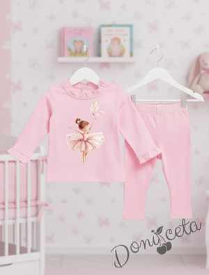 Бебешки комплект от 2 части – розова блуза с къдрички и апликация на балерина, комбинирана с изчистен розов клин