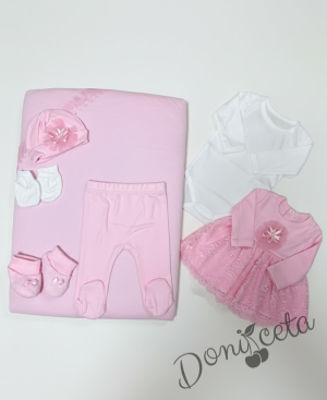 Комплект за изписване от 7 части за момиче в розово с дантела