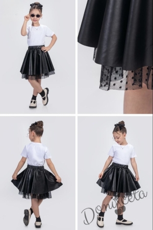 Интересна детска кожена пола за момиче в черно с тюл на точки Радост