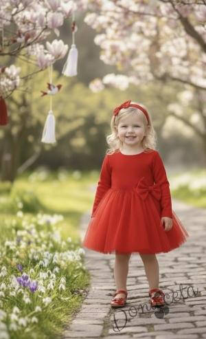  Официална детска рокля с дълъг ръкав Дантеса в червено с тюл  надолу