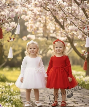  Официална детска рокля с дълъг ръкав Дантеса в червено с тюл  надолу