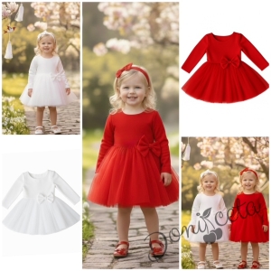  Официална детска рокля с дълъг ръкав Дантеса в червено с тюл  надолу