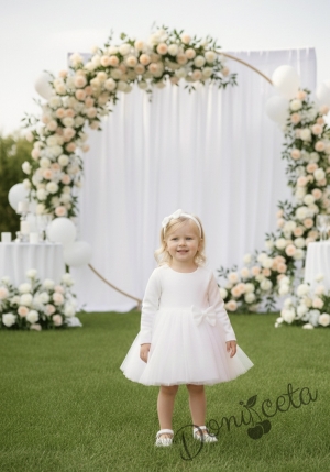  Официална детска рокля с дълъг ръкав Дантеса в бяло с богат тюл  