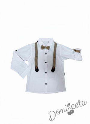 Комплект от панталон, папийонка и тиранти в бежово и бяла риза.