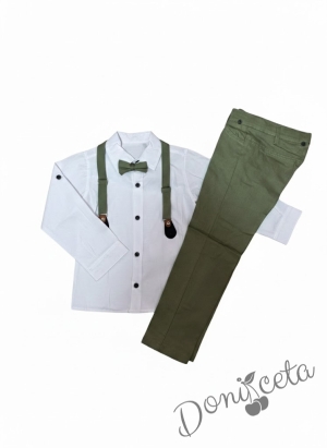 Комплект от панталон, папийонка и тиранти в зелено и бяла риза.