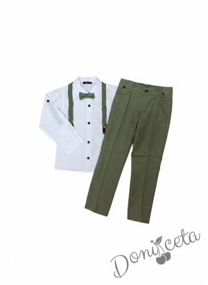 Комплект от панталон, папийонка и тиранти в зелено и бяла риза.