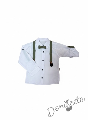 Комплект от панталон, папийонка и тиранти в зелено и бяла риза.