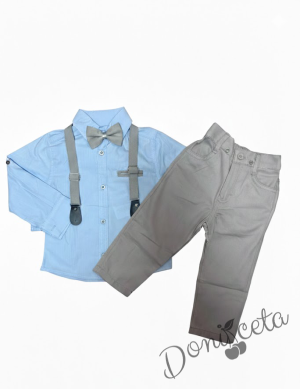 Комплект от панталон, папийонка и тиранти в сиво и бяла риза.