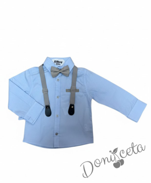 Комплект от панталон, папийонка и тиранти в сиво и бяла риза.