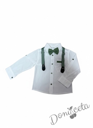 Комплект от панталон, папийонка и тиранти в зелено и бяла риза.