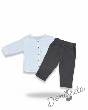 Комплект за момче от 2 части - риза с къс ръкав в бяло с  панталон в кафяво 