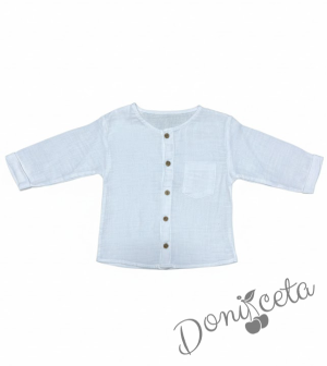 Комплект за момче от 2 части - риза с къс ръкав в бяло с  панталон в кафяво 