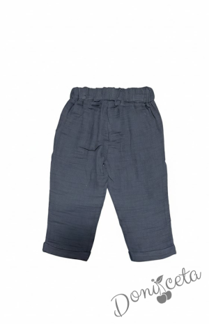 Комплект за момче от 2 части - риза с къс ръкав в бяло с  панталон в кафяво 