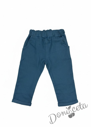 Комплект за момче от 2 части - риза с къс ръкав в бяло с  панталон в петролено синьо