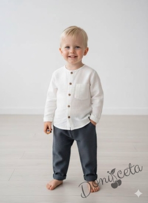 Комплект за момче от 2 части - риза с къс ръкав в бяло с  панталон в петролено синьо