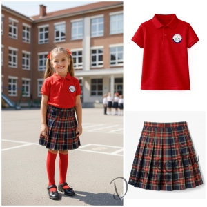Комплект от 2 части-червена тениска с яка и лого, съчетана с  леко удължена плисиран пола в червено каре, подходящ и за ученическа униформа