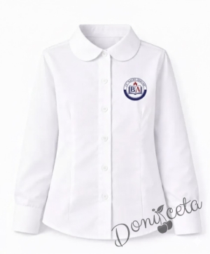 Комплект за момиче от 3 части карирана плисирана пола леко удължена с бяла изчистена риза с лого и карирана вратовръзка, подходящ и за ученическа униформа