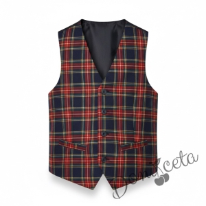 Комплект каре от 3 части- карирана плисирана пола леко удължена, карирана вратовръзка и карирано елече с лого, подходящ и за ученическа униформа