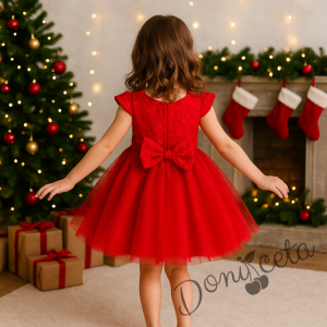 Детска рокля в червено с къс ръкав с дантела и тюл от колекция Червеника Крис